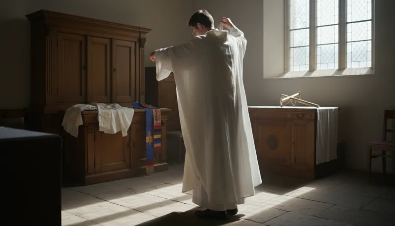 Illustration of alb: A white robe worn by clergy in services.