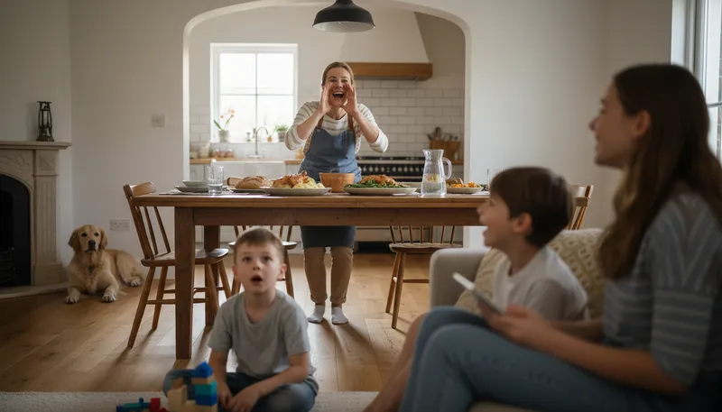 Illustration of dinner's ready: a meal is prepared and waiting to eat.