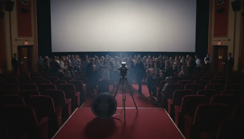 Illustration of big screen: refers to movies shown in theaters.