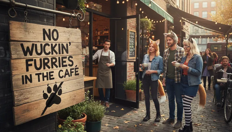 Illustration of no wuckin' furries: A humorous way to say no furry costumes allowed.