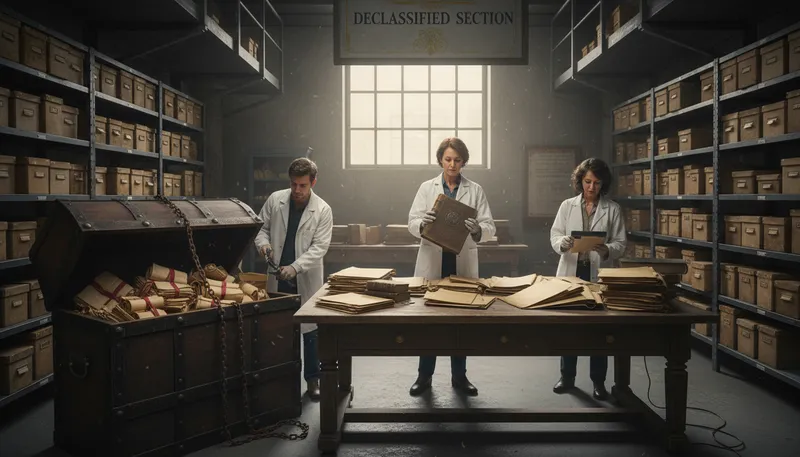 Illustration of declassify: To make secret information public.