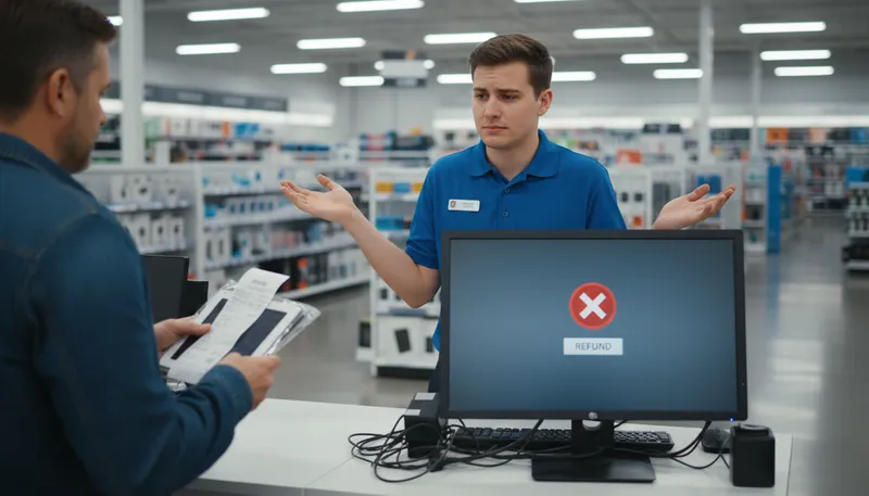 Illustration of computer says no: Automated response denying a request.