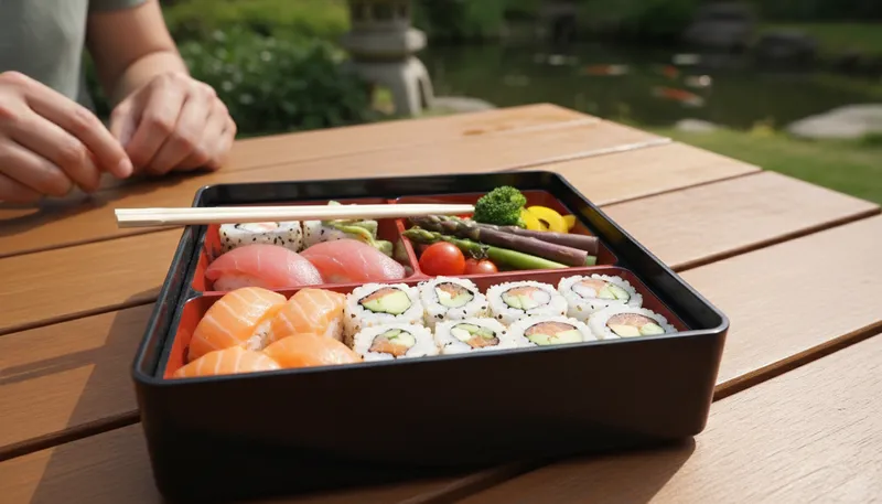 Illustration of bento: A Japanese meal packed in a box.