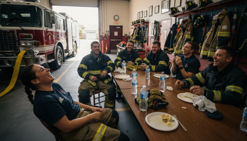 Illustration of firehouse: A building where firefighters live and work.