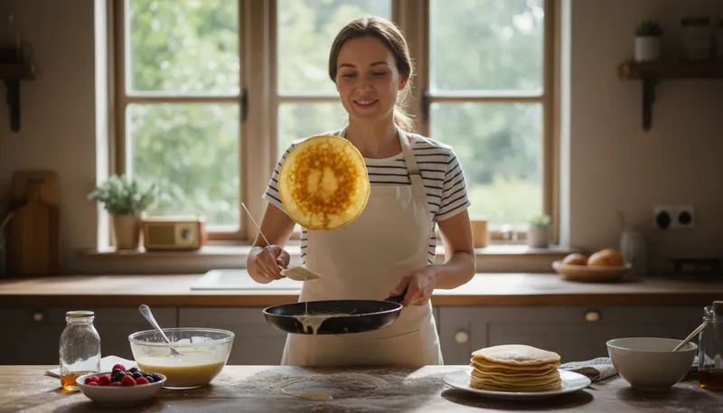 Illustration of pancake: A flat, round cake made from batter.