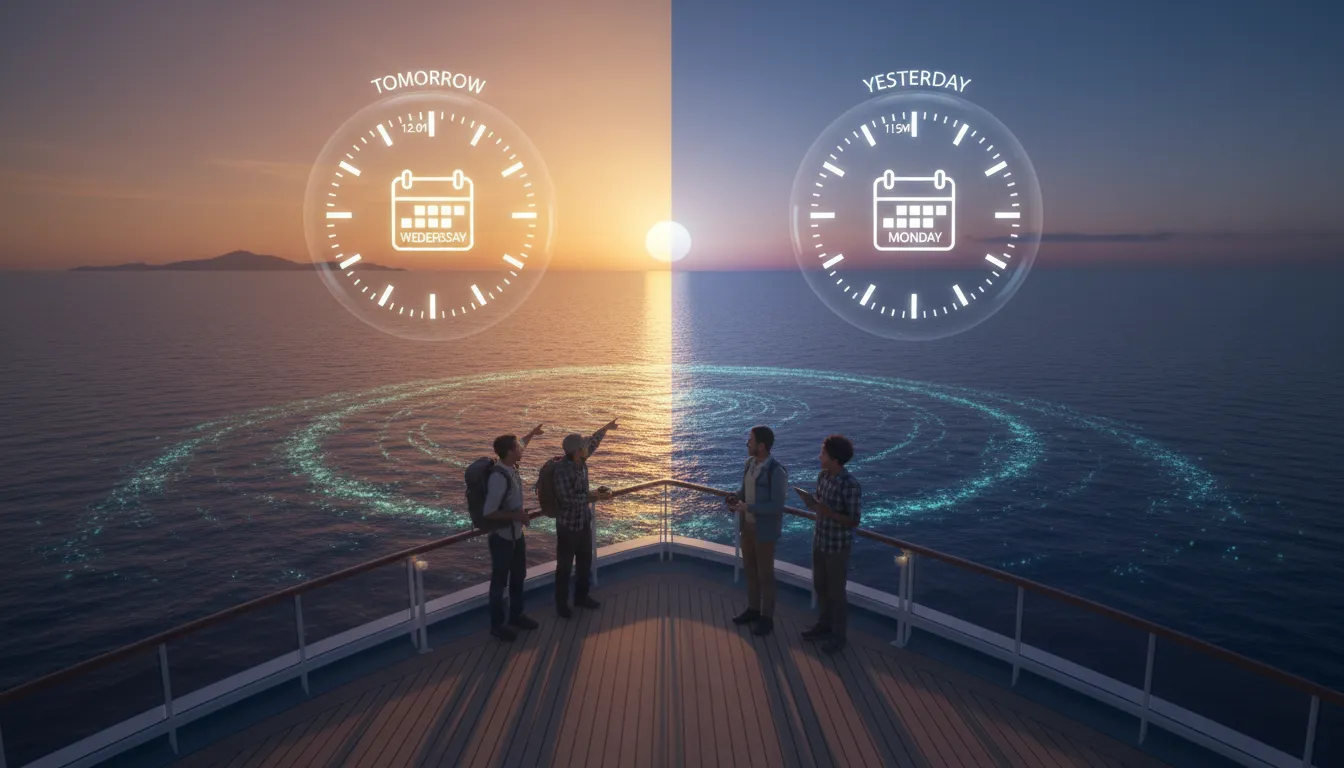 Illustration of international date line: An imaginary line in the Pacific where the calendar day changes.