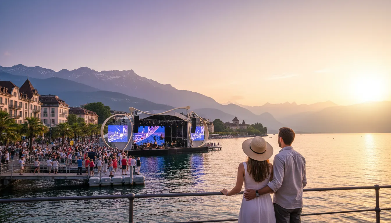 Montreux 的插图：A town in Switzerland, famous for its festival.