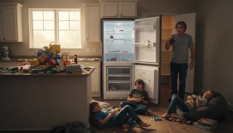 Illustration of eat someone out of house and home: consume a lot of someone's food.
