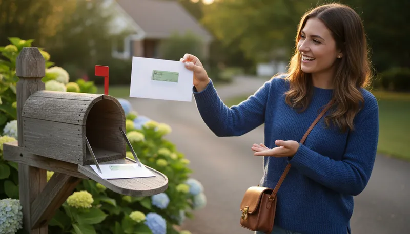 Illustration of check is in the mail: payment is on its way