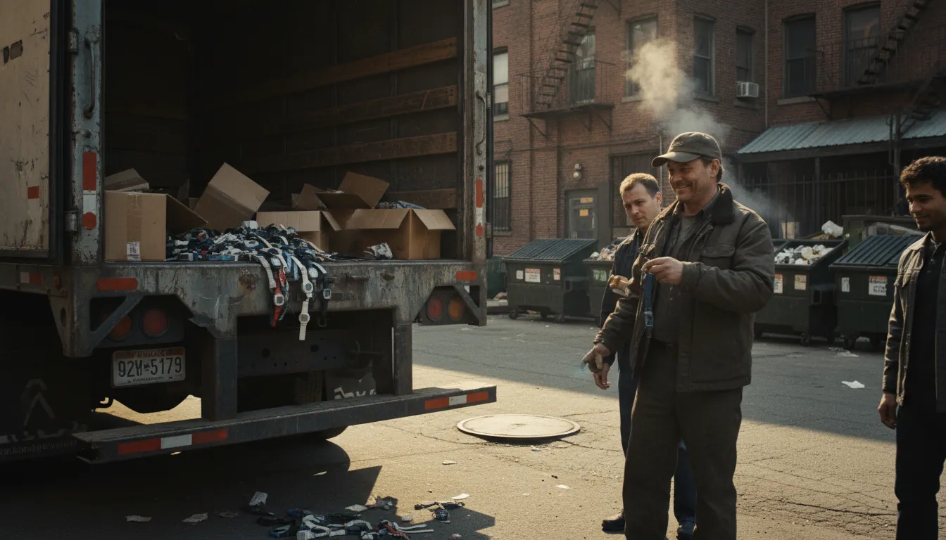 fall off a truck 일러스트: to be stolen or acquired in a dishonest way