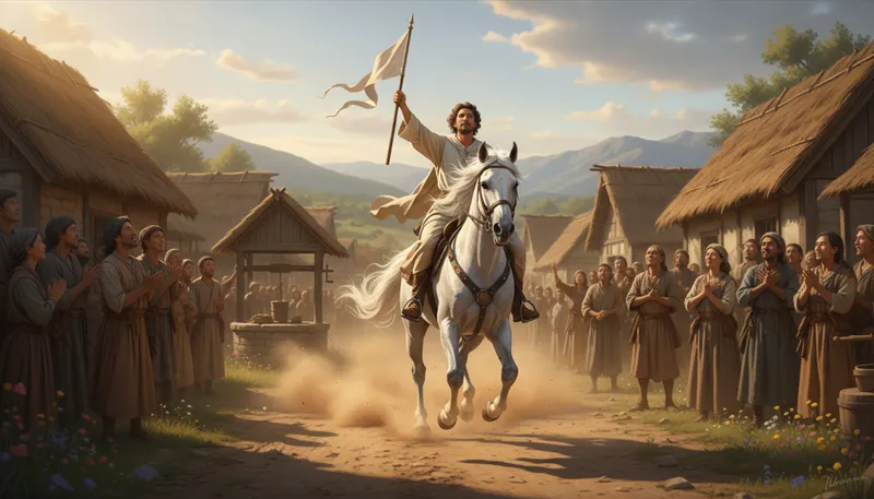 Illustration of white rider: A symbol of conquest and victory.