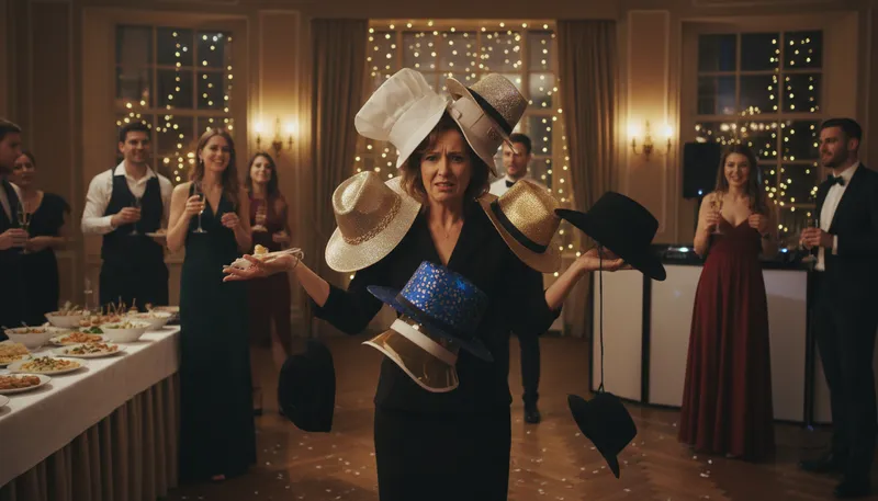 Illustration of wear too many hats: Take on too many roles or responsibilities.