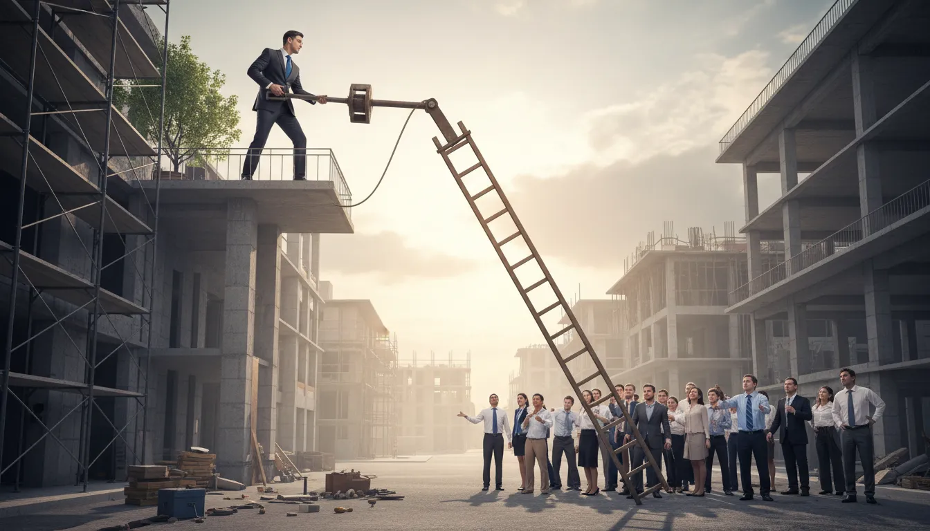Ilustración de pull the ladder up behind oneself: to cut off access or help after achieving success