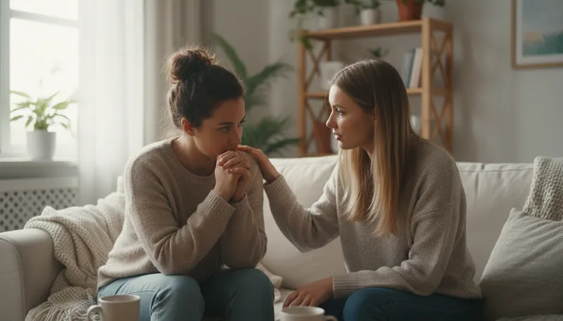 Illustration of confide: To share secrets or private thoughts with someone.
