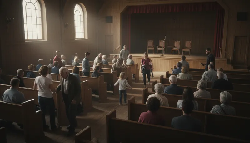 Illustration of take a pew: To sit down, usually in a church.