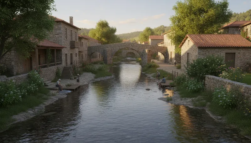 Illustration of ribeiro: A type of river, especially in Portugal.