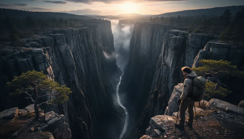 Illustration of chasm: A deep fissure or gap in the ground.