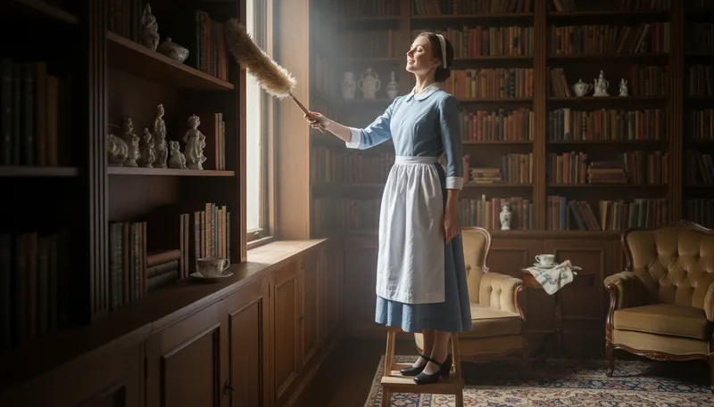 Illustration of maid: A person employed to clean and maintain a home.