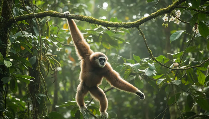 Illustration of gibbon: A type of tree-dwelling ape found in Asia.