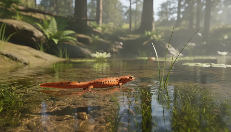 Illustration of newt: A small aquatic salamander with a slender body.
