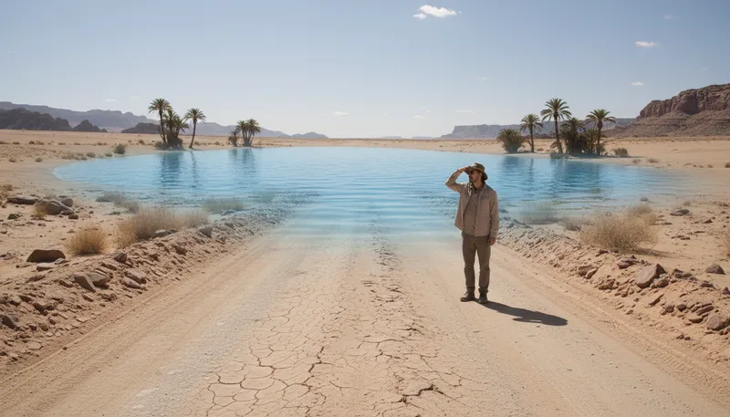 Illustration of mirage: An optical illusion caused by heat.