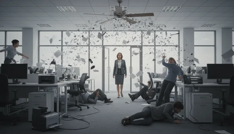 Illustration of hit the fan: A situation suddenly becomes chaotic or problematic.