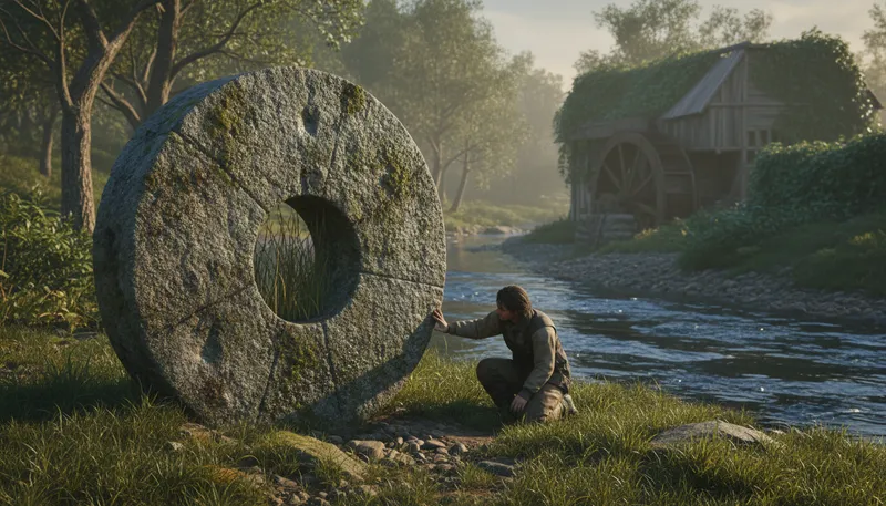 Illustration of millstone: A heavy stone used for grinding grain.