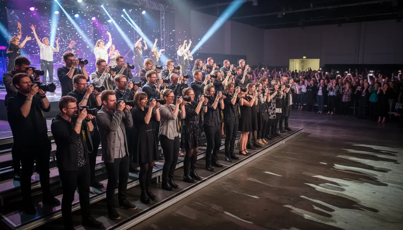 Illustration of nikon choir: A group of photographers using Nikon cameras.