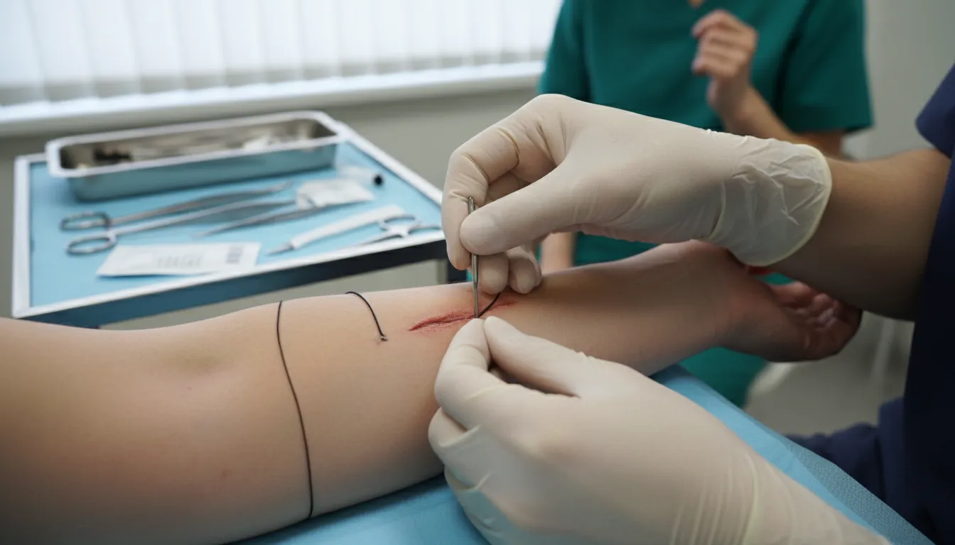 Ilustrasi suture: a stitch used to close a wound.