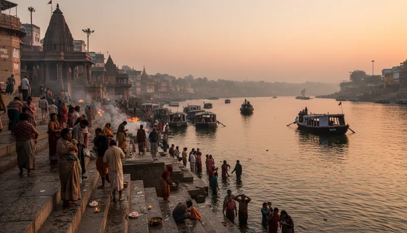 Illustration of varanasi: a holy city in India along the Ganges River