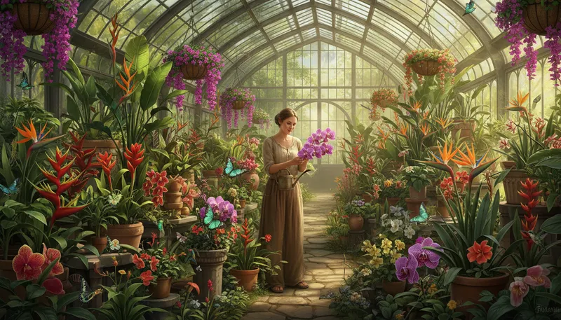 Illustration of conservatory: a glasshouse for growing plants