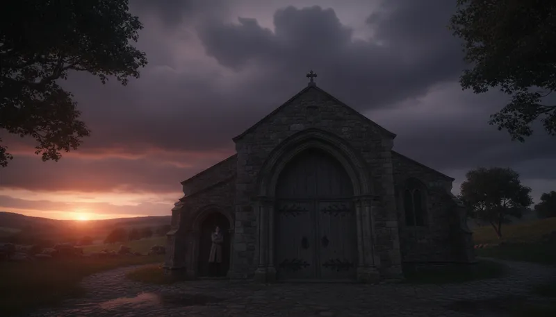 Illustration of darken a church door: to block light from entering a church