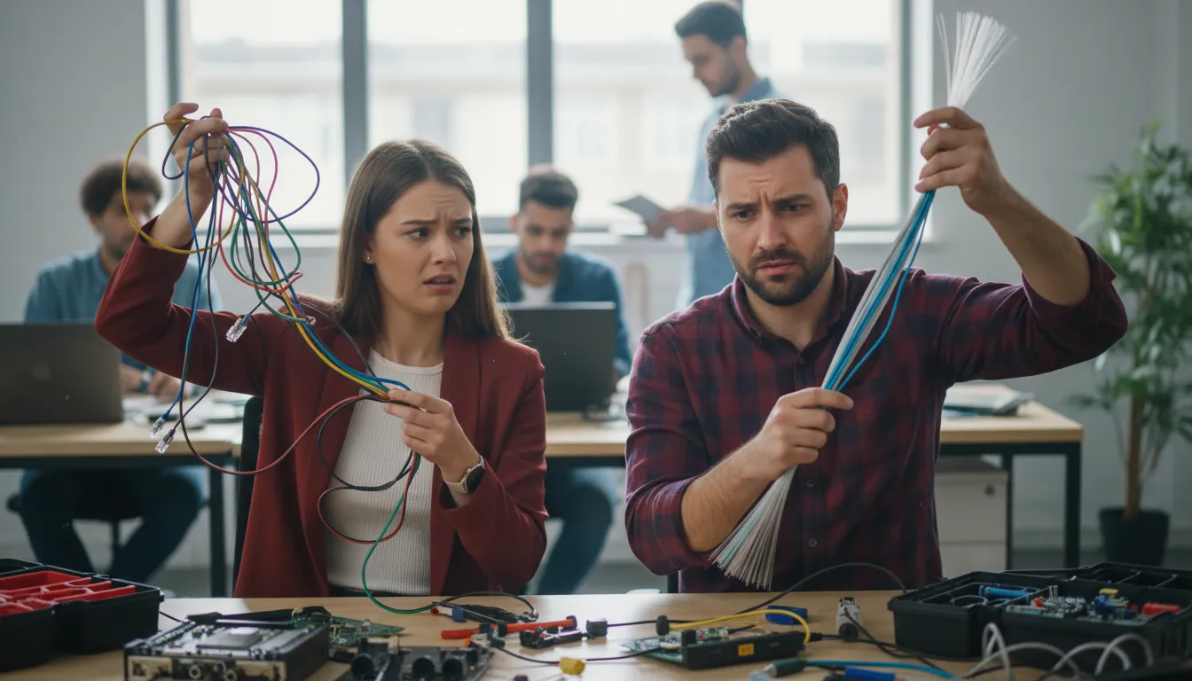 get one's wires crossed 的插图：To misunderstand or confuse something.