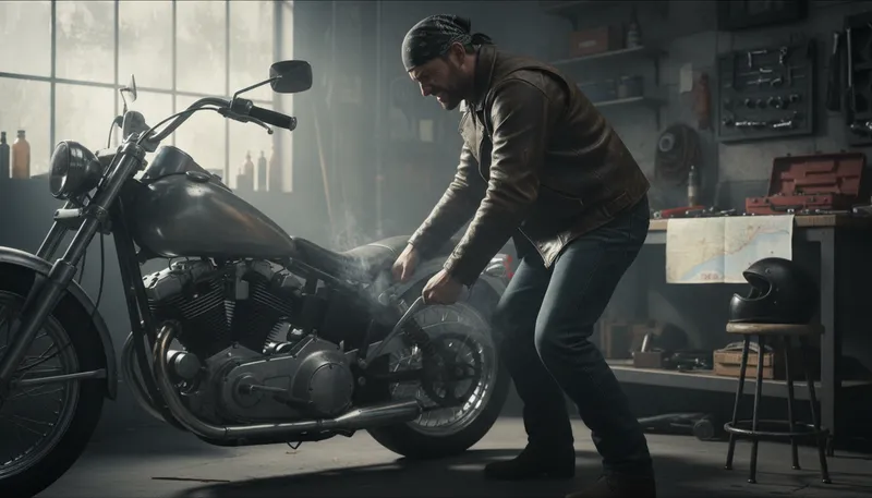 Illustration of crank one's hog: start or rev up a motorcycle.