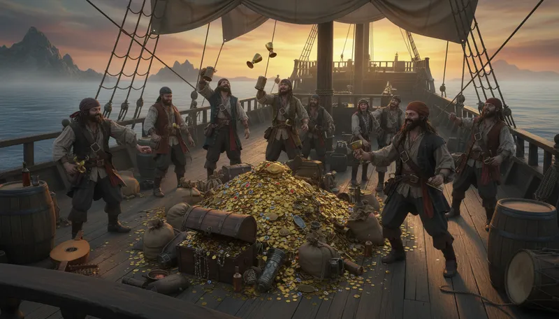 Illustration of booty: Treasure or valuable goods, often taken as spoils.