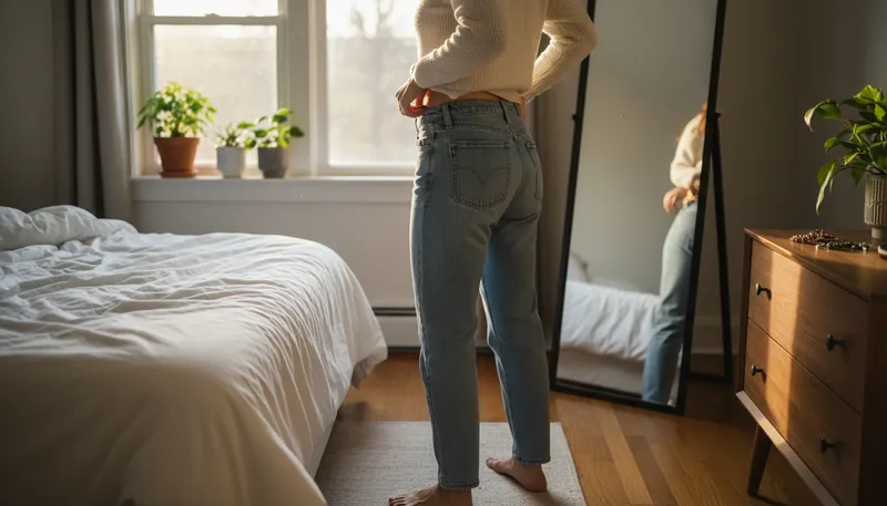 Illustration of waistband: The band that fits around the waist of pants.