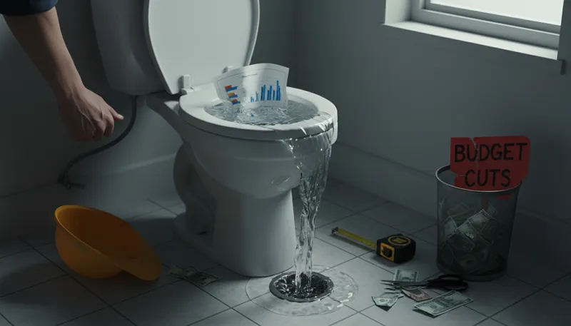 Illustration of down the toilet: Wasted or lost entirely, often money or resources.
