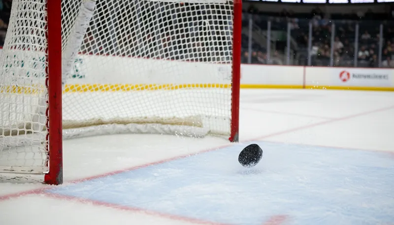 Illustration of between the pipes: In the area of the goal in hockey.