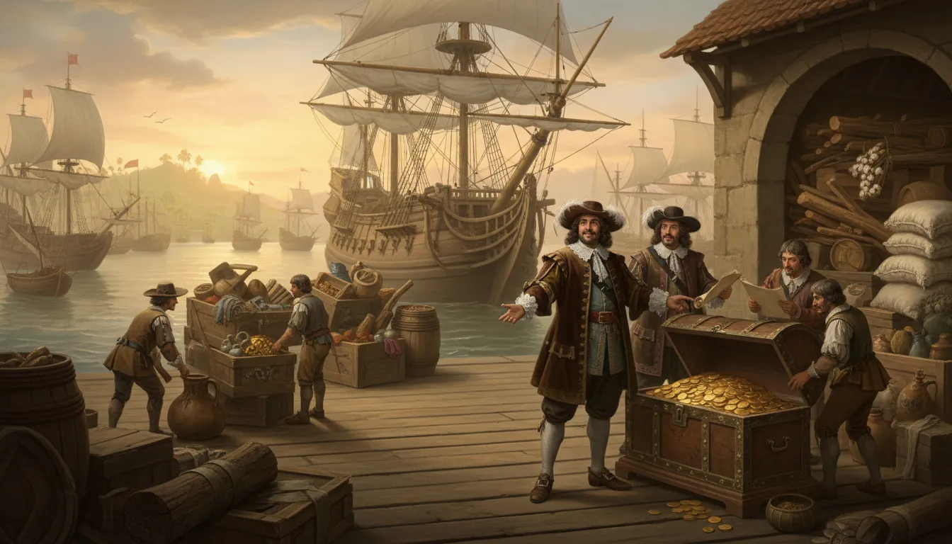 Illustration of mercantilism: An economic system where nations build wealth by exporting more than they import.