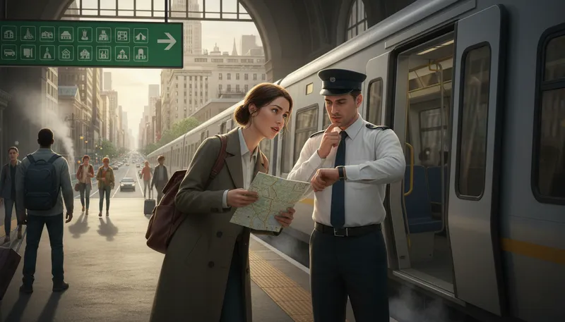 Illustration of does this train stop at: asking if a train halts at a location