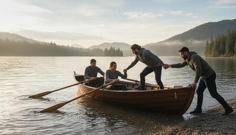 Illustration of get in the boat and row: Work together to achieve a common goal.