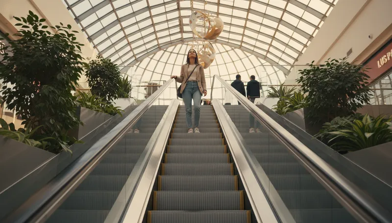 Illustration of escalator: A moving staircase that transports people between floors.