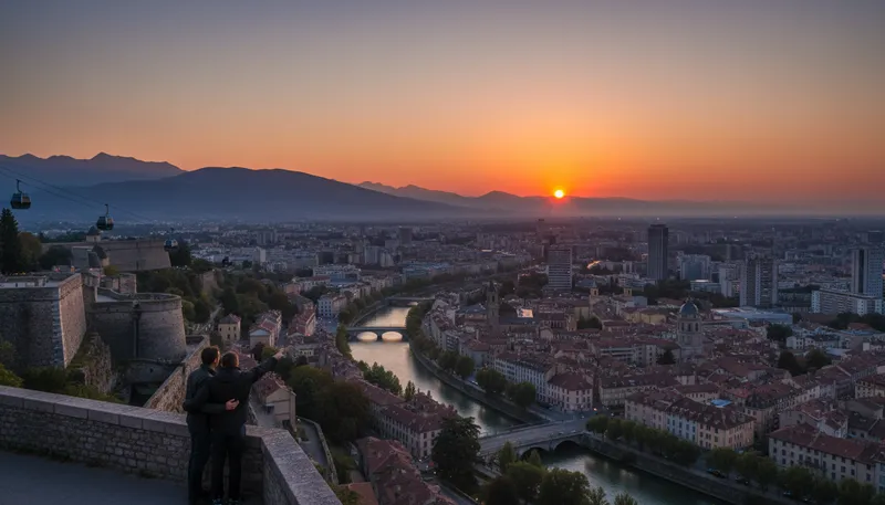 Illustration of grenoble: A city in France, surrounded by mountains.
