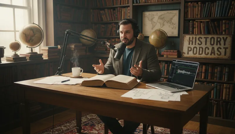 Illustration of podcasting: Creating and distributing audio episodes online.