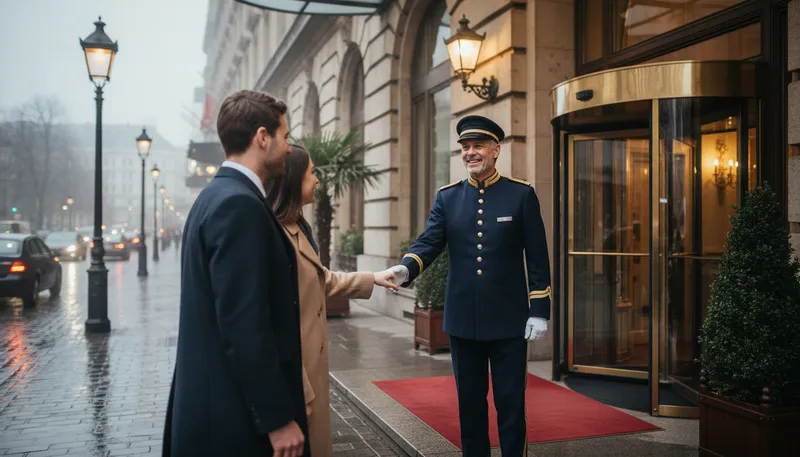 Illustration of doorman: Person who manages entry at a building.