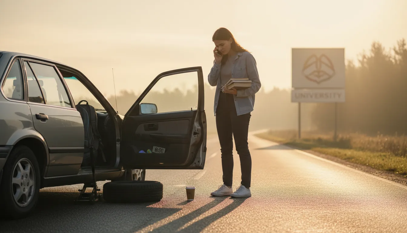 Illustration of have a flat tire: To have a tire that has lost its air.