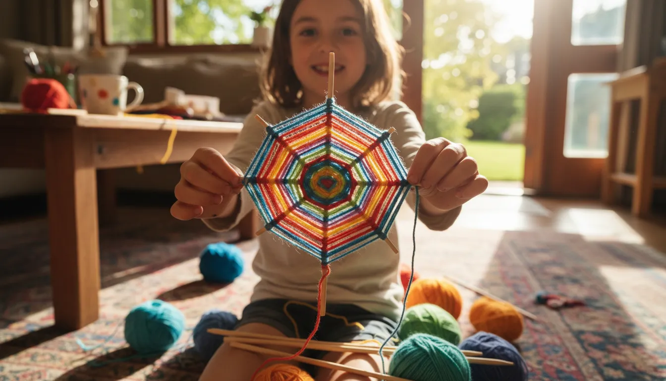 God's eye 的插图：A colorful decoration made of yarn and sticks.