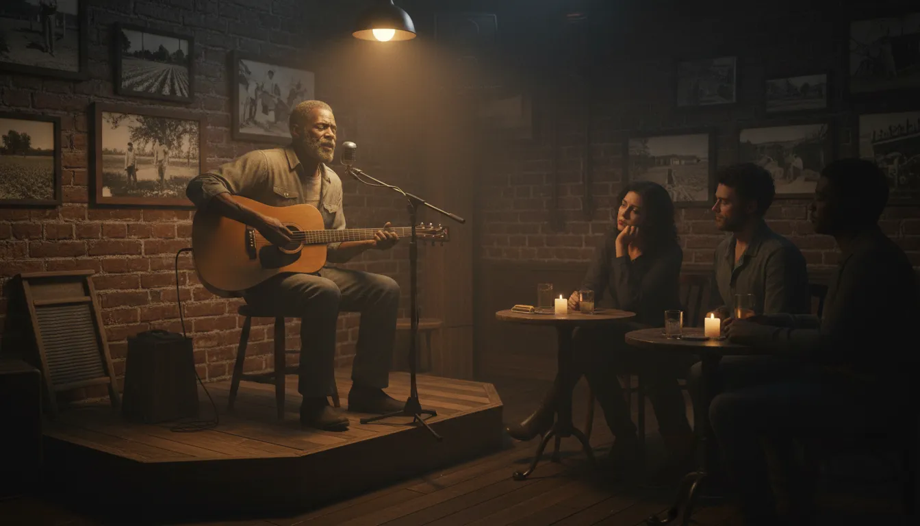 Illustration of blues: A sad, emotional style of music that began in African American communities.