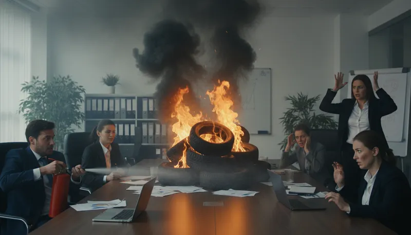 Illustration of tire fire: A chaotic or problematic situation.
