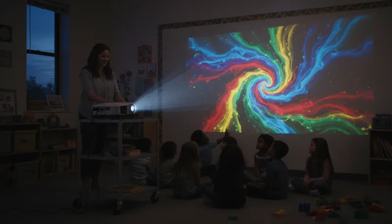 Illustration of projector: Device that displays images or videos on a surface.